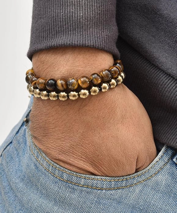 Tiger Eye and Golden Pyrite Bracelet Combo Set | Natural Stone Beaded Bracelets for Self Protection and Money Attraction | Healing Crystal Jewelry for Unisex Adults, 2 Piece Set